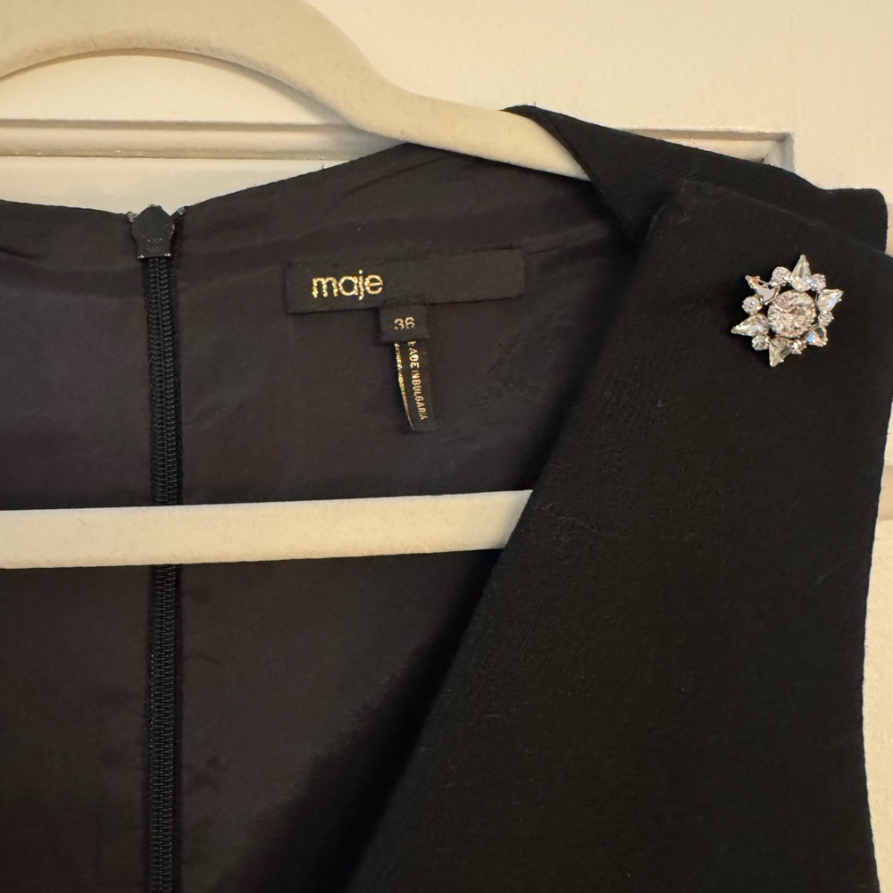 Maje Black Sleeveless Dress with Brooch